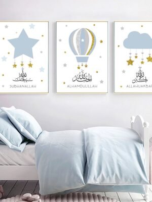 Toile Pépinière Montgolfière Étoiles Bleu Doré