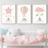 Toile Enfant Rose Doré Étoiles Nuages