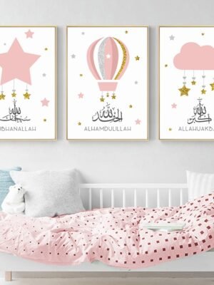Toile Enfant Rose Doré Étoiles Nuages