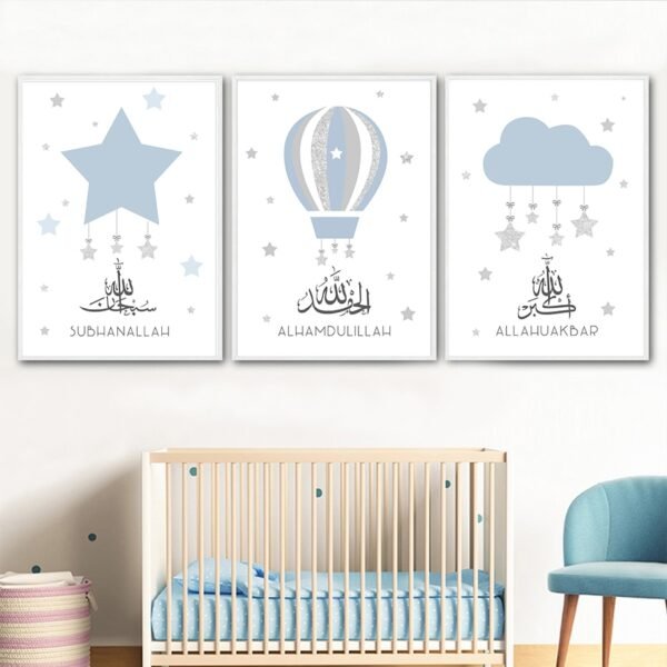 Toile Pépinière Montgolfière Étoiles Bleu Doré - 25