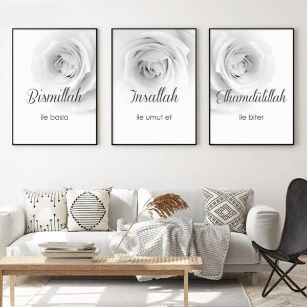 Tableau Bismillah et Fleurs Grises Modernes - 2 Tableau Bismillah et Fleurs Grises Modernes - 2